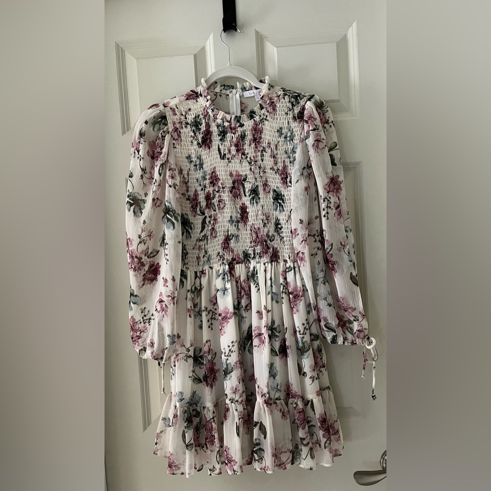 Olivaceous ivory long sleeve dress w/ light pink/green floral print, smocked M